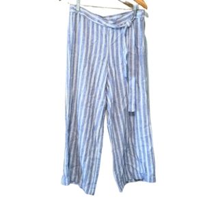 🌟 Calvin Klein Linen Blue Striped Belted Wide Leg Palazzo Cropped Pants Small